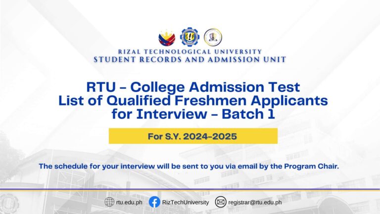 RTU-CAT List of Qualified Freshmen Applicants for Interview 1st Batch