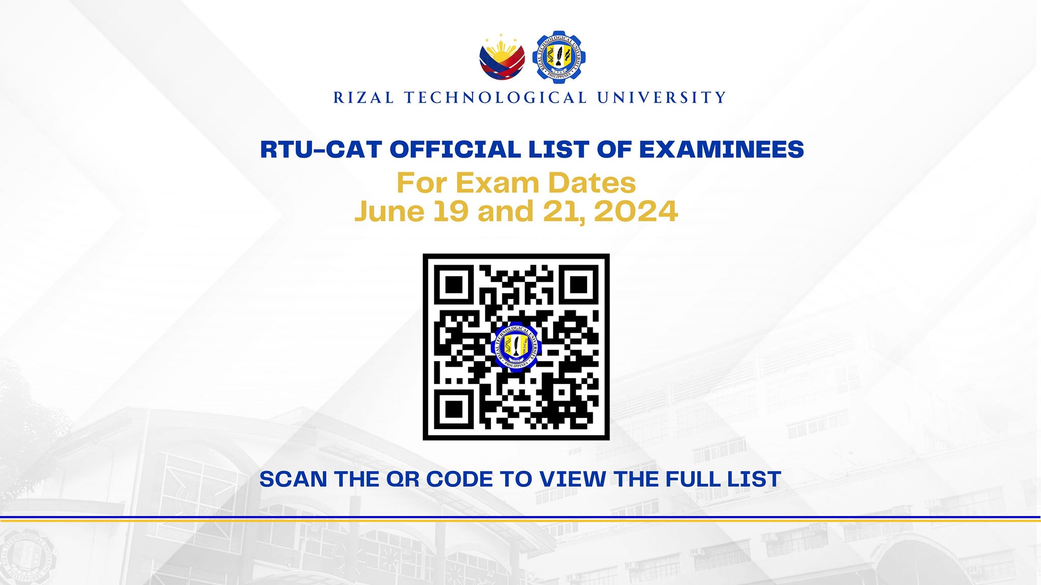 Read more about the article RTU-CAT OFFICIAL LIST OF EXAMINEES (FOR EXAM DATES JUNE 19 and 21, 2024)